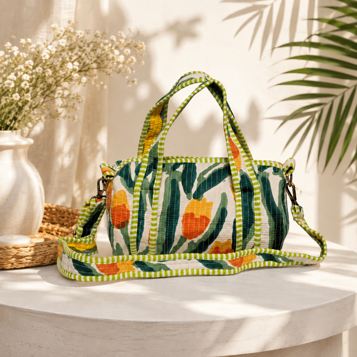 Mini Duffle Bag - Green Tulips on Stripes