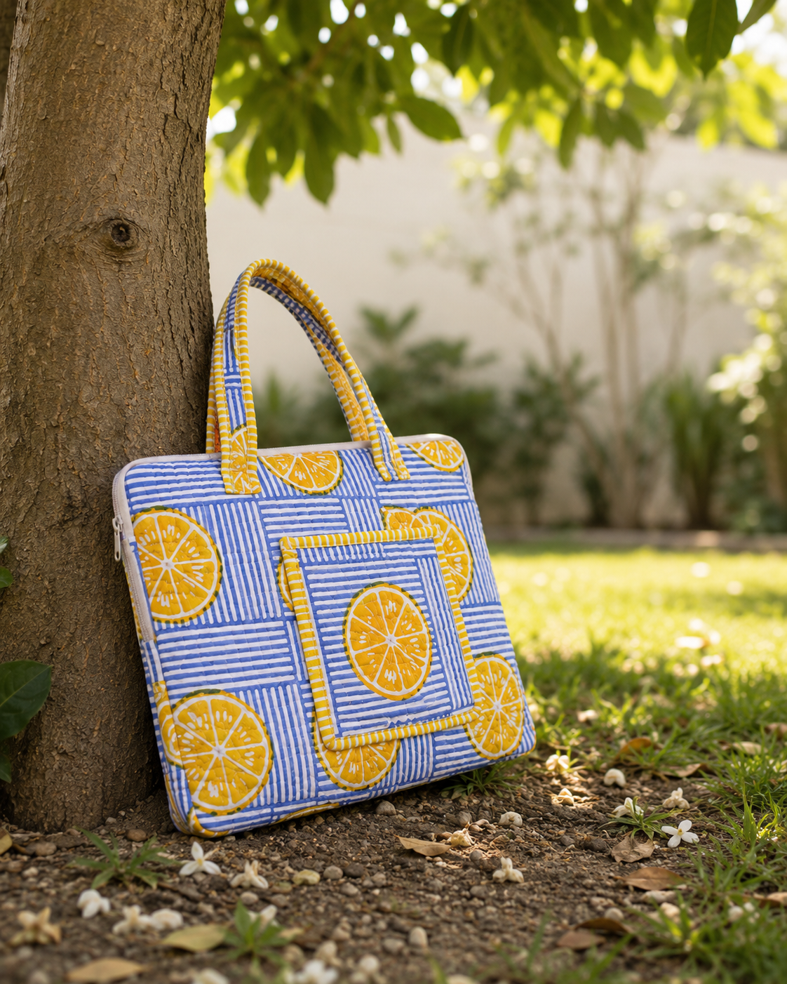 Laptop Bag - Lemon Bloom on Blue Stripes
