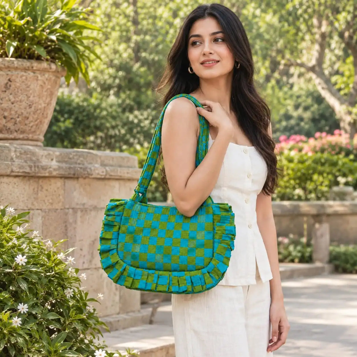Sling Bag - Green Cheques With Frill
