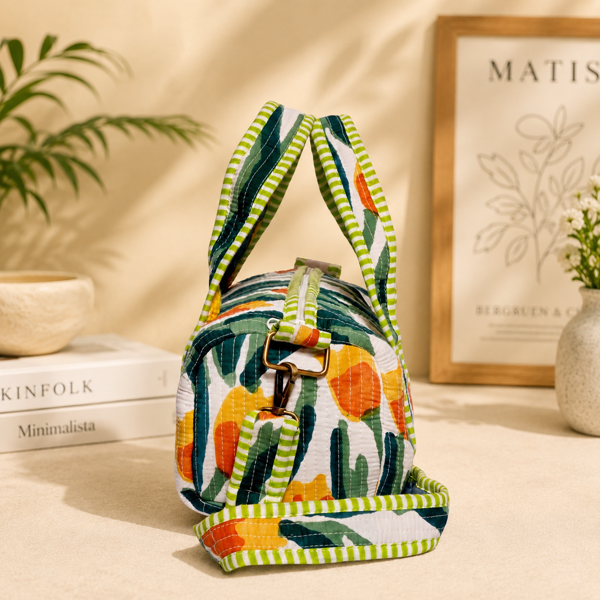 Mini Duffle Bag - Green Tulips on Stripes