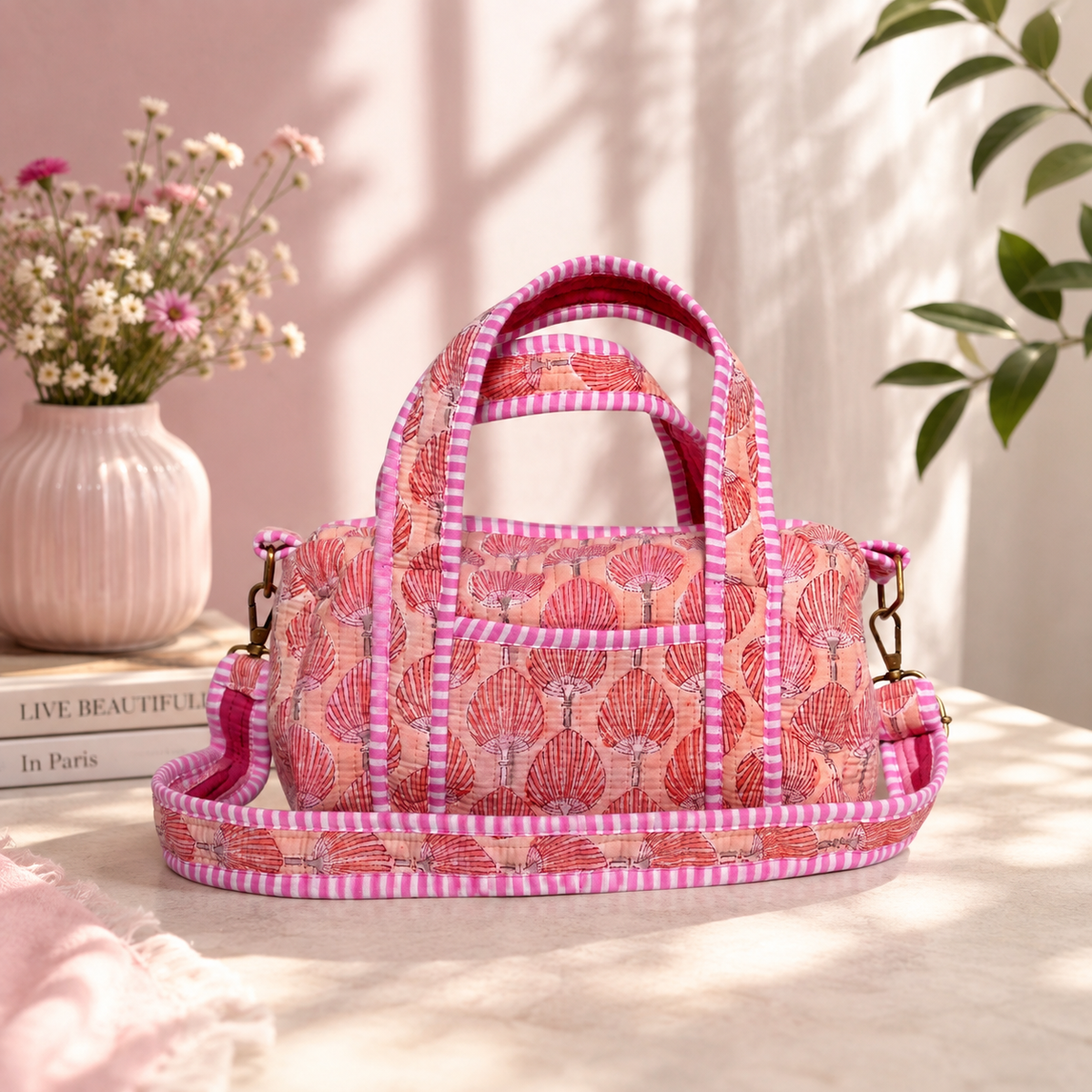 Mini Duffle Bag - Pink Shells on Blush