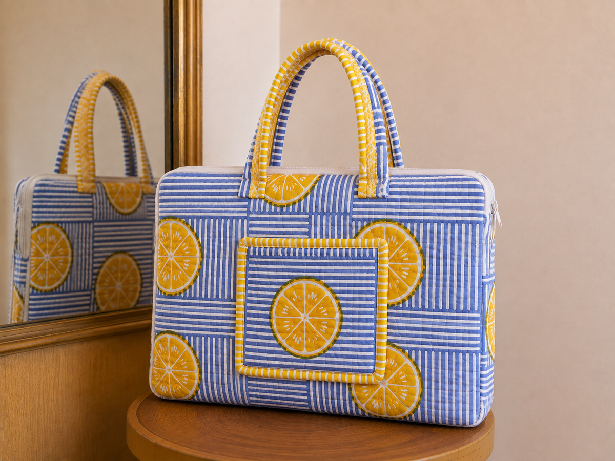 Laptop Bag - Lemon Bloom on Blue Stripes