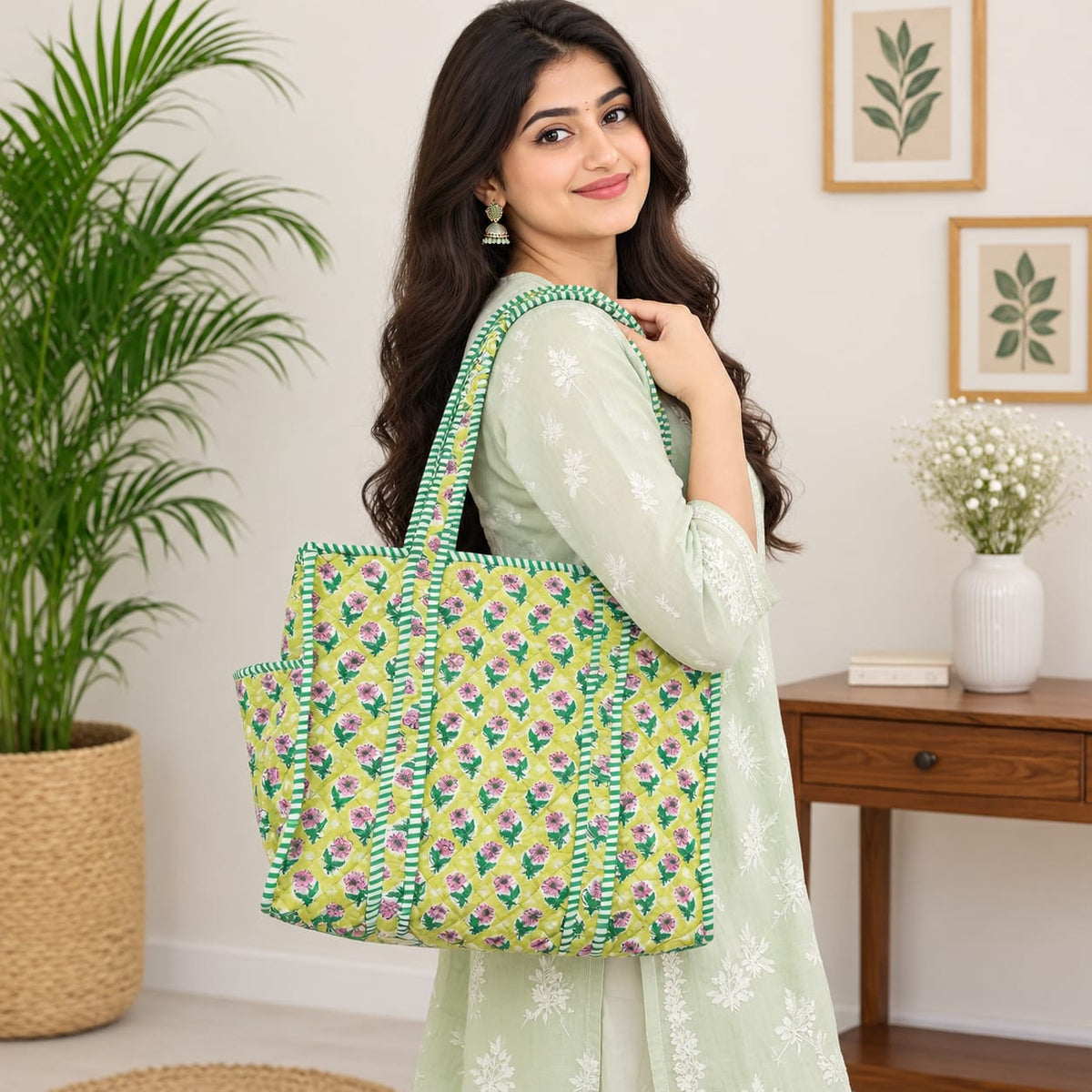 Green Flower Buti Tote Bag