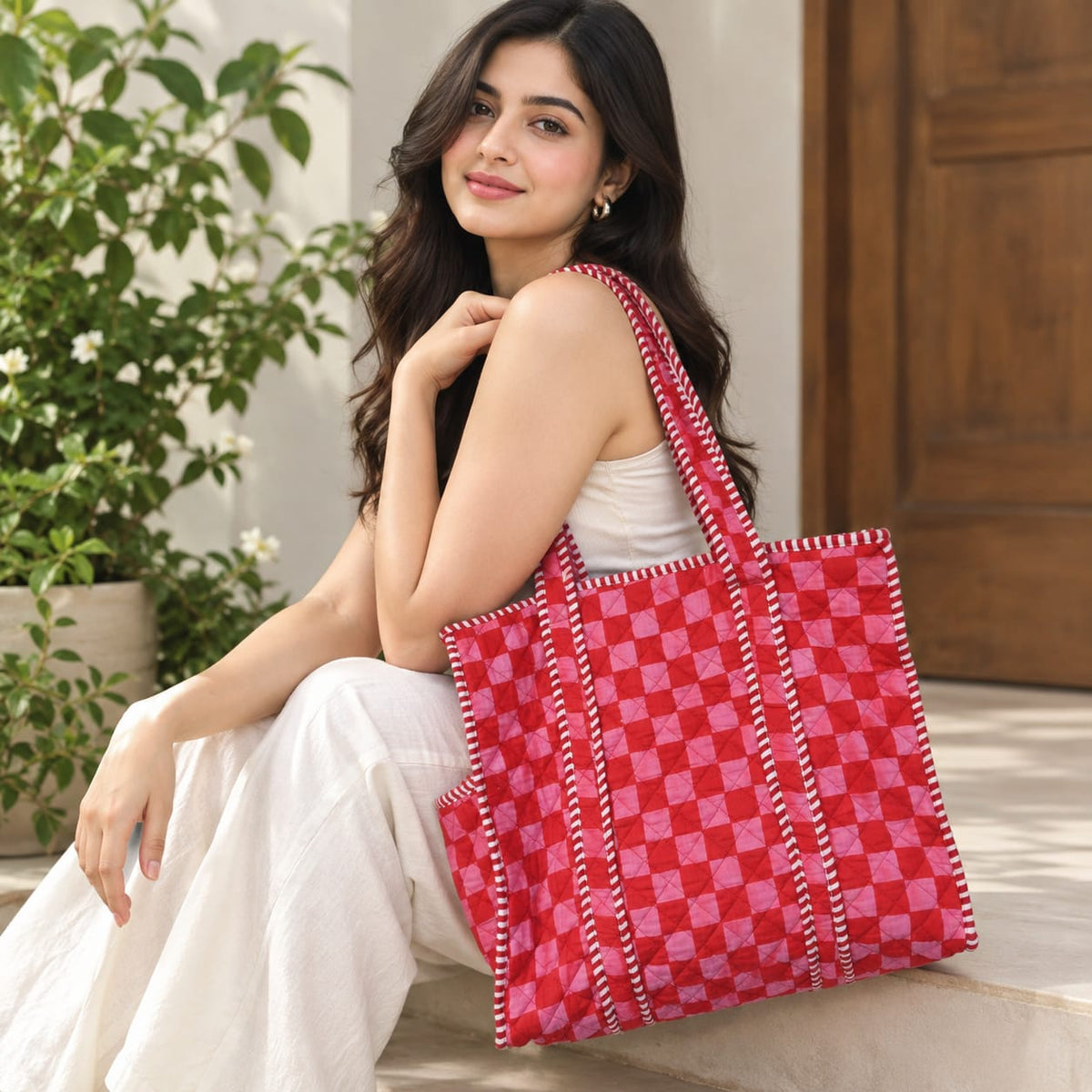 Red Checks Tote Bag