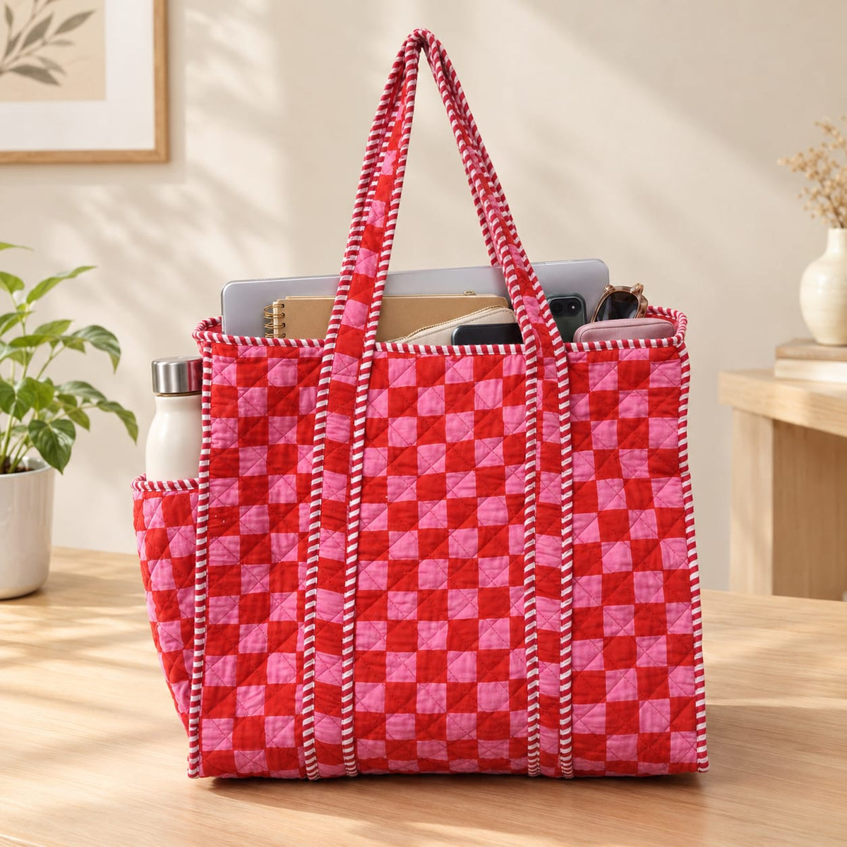 Red Checks Tote Bag